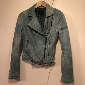 GESTUZ Leather Trompe L’Oeil Denim-look Biker Jacket Ombré Teal Y2K Slim Fit